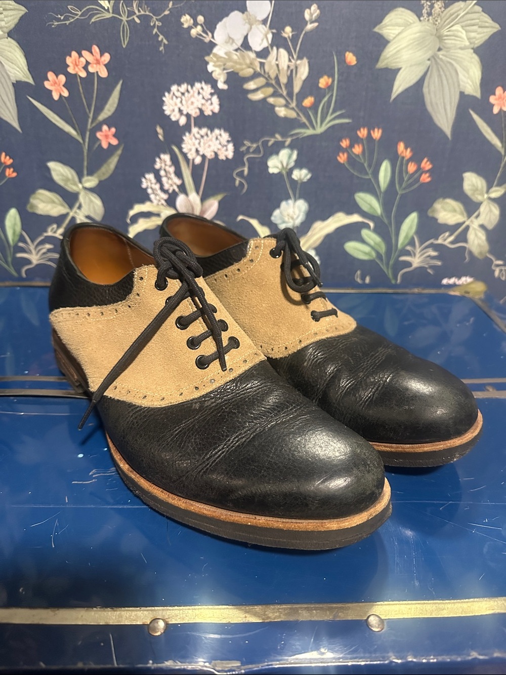 John Fluevog Two-Tone Black Leather and Tan Suede Saddle Oxfords